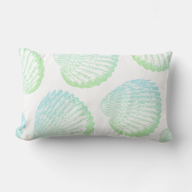 Elegant Coastal Sea Green Gradient Seashells Lumbar Pillow (Front)