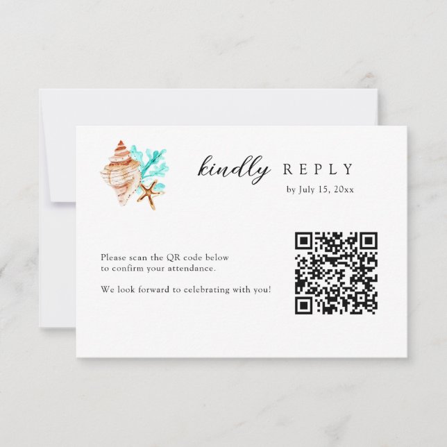 Elegant Coastal Seashell QR Code Beach Wedding RSVP Card (Front)