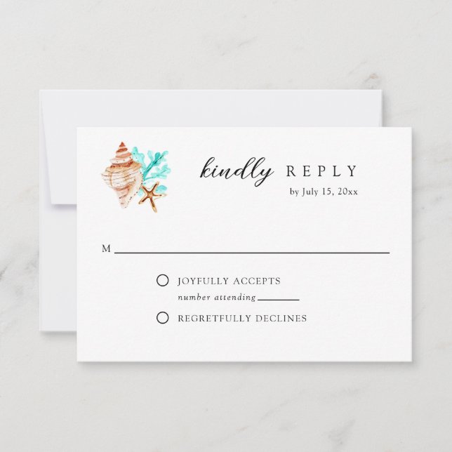 Elegant Coastal Seashell Watercolor Beach Wedding RSVP Card (Front)