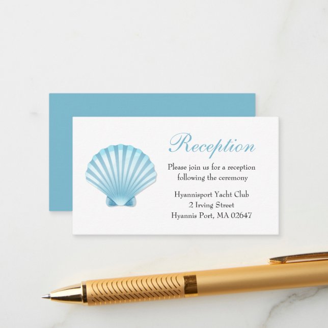 Elegant Coastal Shells Blue Wedding Reception Enclosure Card (Front/Back In Situ)