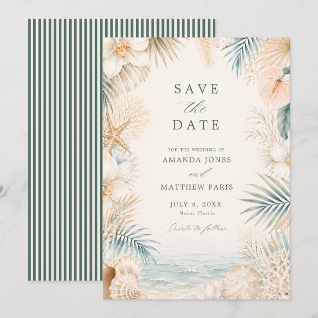 Elegant Coastal Stripe Beach Wedding  Save The Date (Front/Back)