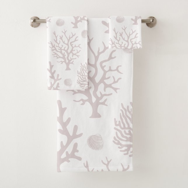 Elegant Coastal Taupe Sea Coral & White Bath Towel Set (Insitu)