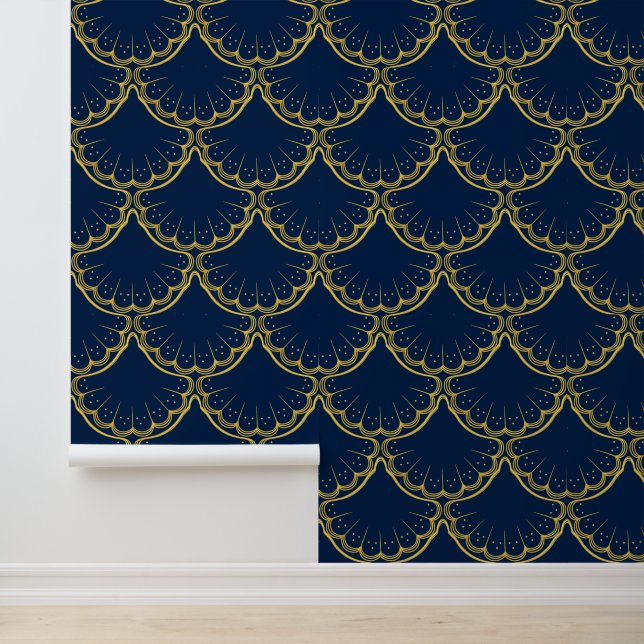 Elegant Coastal theme Golden shell pattern blue Wallpaper (Application)