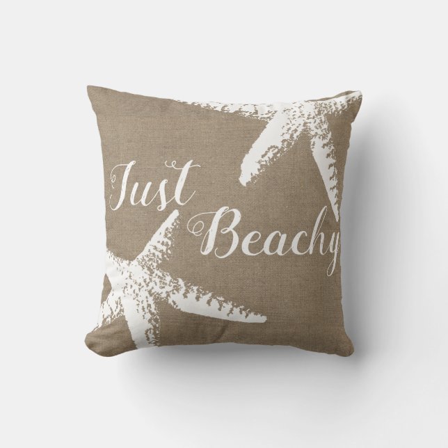 Elegant Coastal White Starfish & Faux Burlap Throw Pillow (Front)