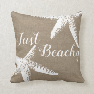 Elegant Coastal White Starfish & Faux Burlap Throw Pillow