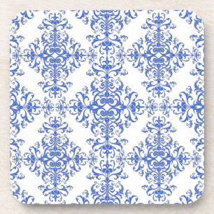 Elegant Cobalt Blue and White Floral Style Damask Coaster