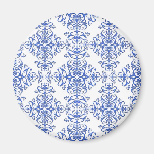 Elegant Cobalt Blue and White Floral Style Damask Magnet (Front)