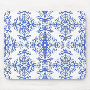 Elegant Cobalt Blue and White Floral Style Damask Mouse Pad