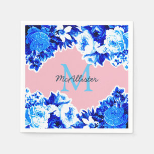 Elegant Cobalt Blue Flowers & Blush Personalized Napkin