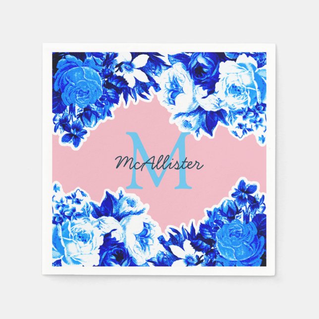 Elegant Cobalt Blue Flowers & Blush | Personalized Napkin (Front)