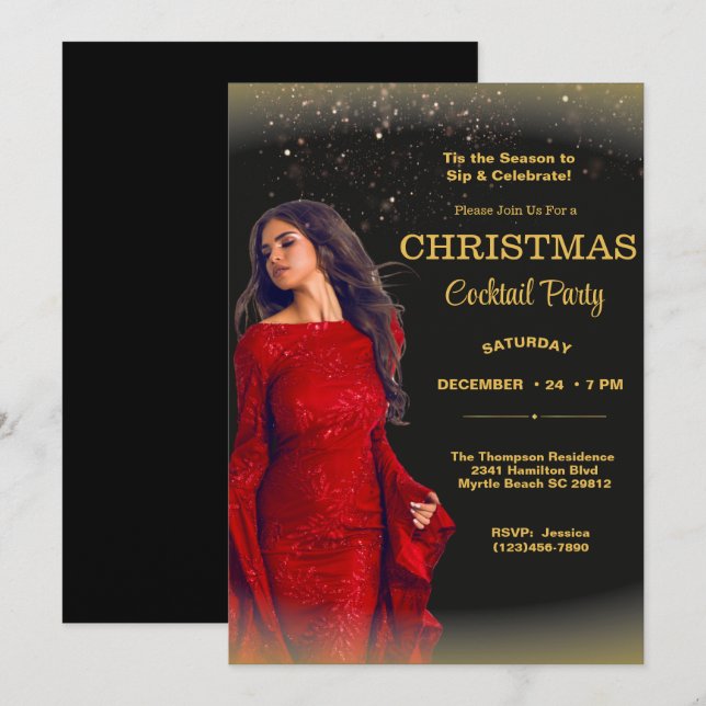 Elegant Cocktail Christmas Black Gold Red Party  Invitation (Front/Back)