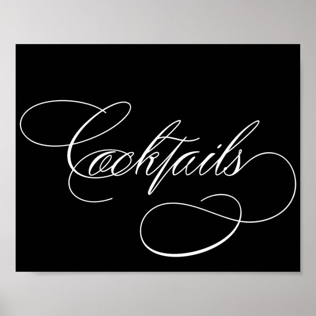 Elegant Cocktails White Script | Bar Table Sign (Front)