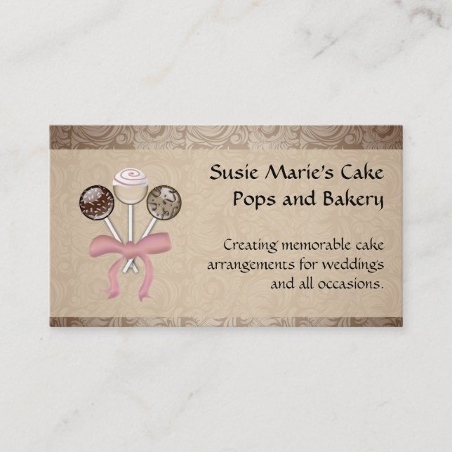 Elegant Cocoa Damask Cake Pop Business Card (Front)