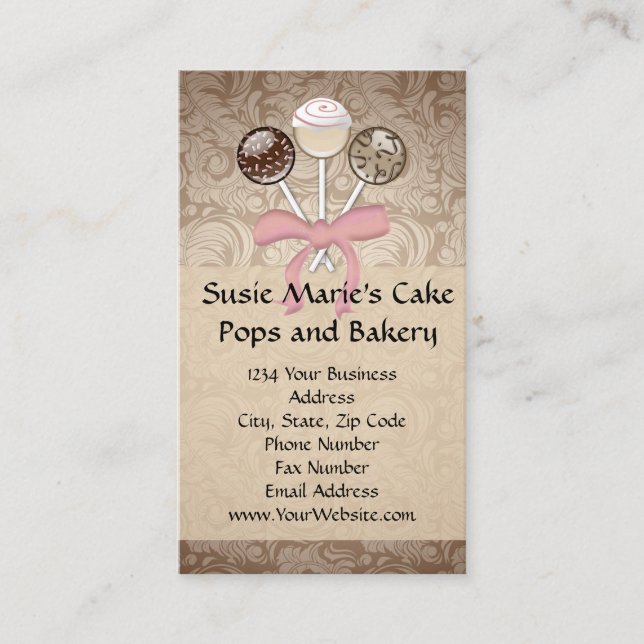 Elegant Cocoa Damask Cake Pop Business Cards (Front)