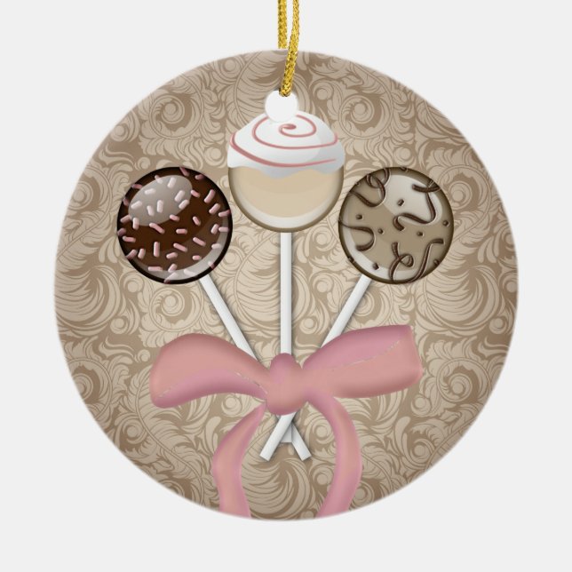 Elegant Cocoa Damask Cake Pop Ceramic Ornament (Front)