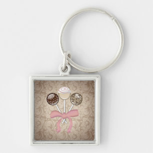 Elegant Cocoa Damask Cake Pop Keychain