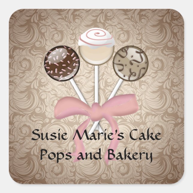 Elegant Cocoa Damask Cake Pop Square Sticker Label (Front)