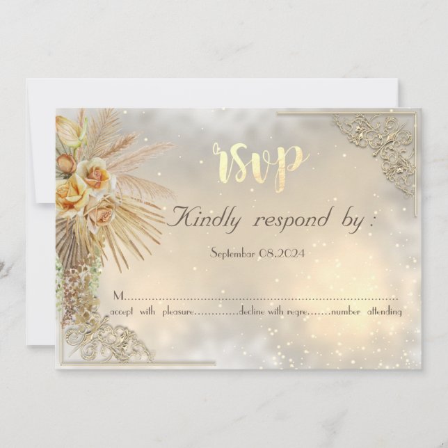 Elégant Coeurs d'or Chic Boho Flowers Carte RSVP (Devant)