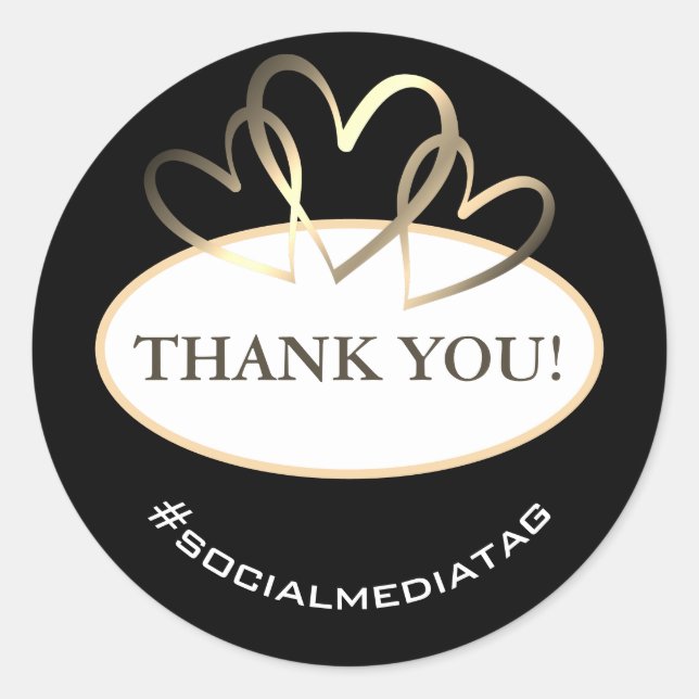 Elégant Coeurs d'or ronds Merci Étiquette Noir (Devant)