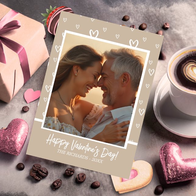Elegant Coffee and White Hearts with Custom Photo Holiday Card (Elegant Coffee and White Hearts with Custom Photo Holiday Card)