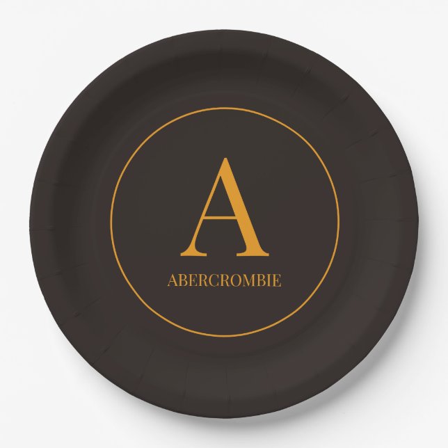 Elegant Coffee Bean Brown & Gold Monogram Paper Plate (Front)
