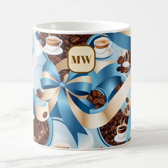 Elegant coffee blue ribbon bows monogram coffee mug (Creator Uploaded)