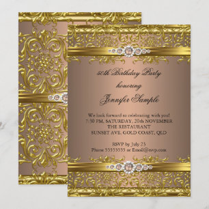 Elegant Coffee Brown Gold Damask Diamond Birthday Invitation