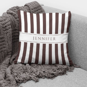 Elegant Coffee Brown & White Stripes Pattern Name Throw Pillow
