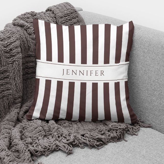 Elegant Coffee Brown & White Stripes Pattern Name Throw Pillow (Creator Uploaded)