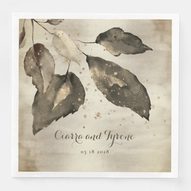 Elegant Coffee & Champagne Gold Splash Five Leaf Napkin (Front)