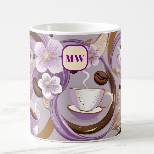 Elegant coffee lavender flowers & ribbon monogram coffee mug (Creator Uploaded)