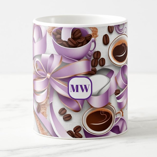 Elegant coffee lavender ribbon bows monogram mug (Creator Uploaded)