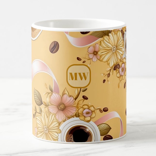 Elegant coffee yellow flowers & ribbon monogram mug (Creator Uploaded)