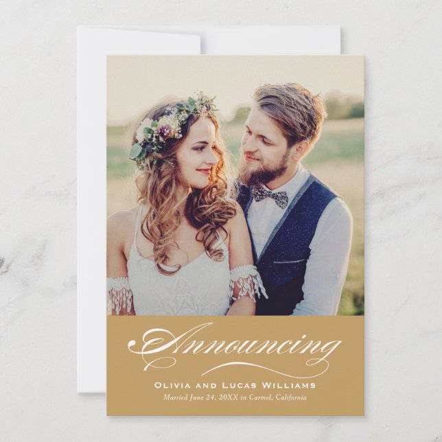 Elegant Cognac Script Wedding Photo Marriage Announcement (Front)