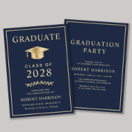 Elegant College Blue Gold Graduation Party Invitation