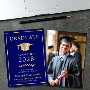 Elegant College Photo Navy Blue Gold Graduation Announcement