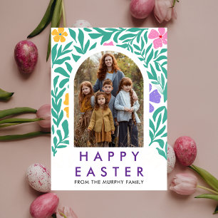 Elegant Colorful Arch Floral Easter Family Photo Holiday Card