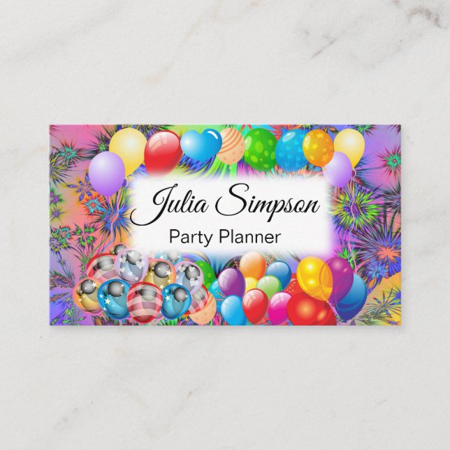 Elegant, Colorful Balloons, Firework, Stylish Business Card (Front)