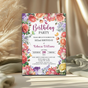 Elegant Colorful Floral 102nd Birthday Party Invitation