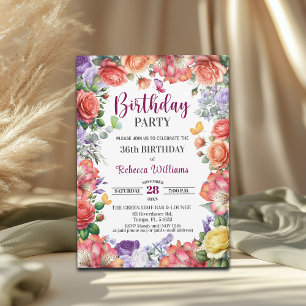 Elegant Colorful Floral 36th Birthday Party Invitation
