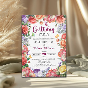 Elegant Colorful Floral 43rd Birthday Party Invitation