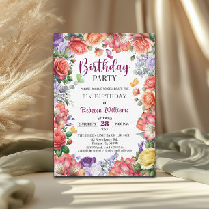 Elegant Colorful Floral 61st Birthday Party Invitation