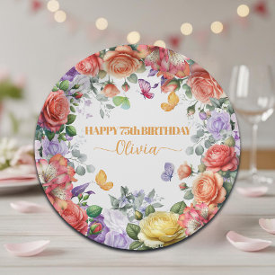 Elegant Colorful Floral 75th Birthday Party Paper Plate