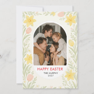 Elegant Colorful Oval Floral Easter Family Photo H Holiday Card