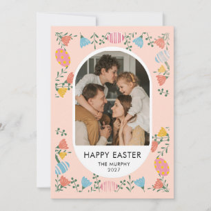 Elegant Colorful Oval Floral Easter Family Photo Holiday Card