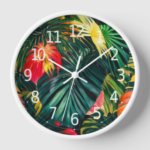Elegant Colorful Tropical Leaves and Flowers    Clock
