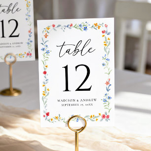 Elegant Colorful Wildflower Meadow Wedding Table Number