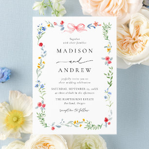 Elegant Colorful Wildflower Pink Bow Wedding Invitation