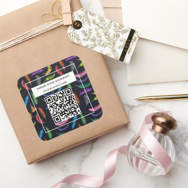 Elegant Coloured Feathers Your Logo Slogan   Square Sticker (Gifting)