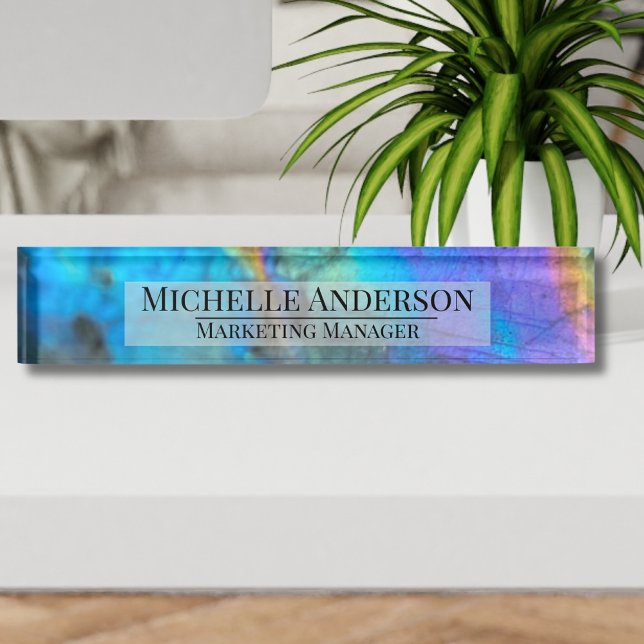 Elegant Colourful Agate Geode Stone Professional Nameplate (Colorful Modern Labradorite Stone Trendy Desk Name Plate)